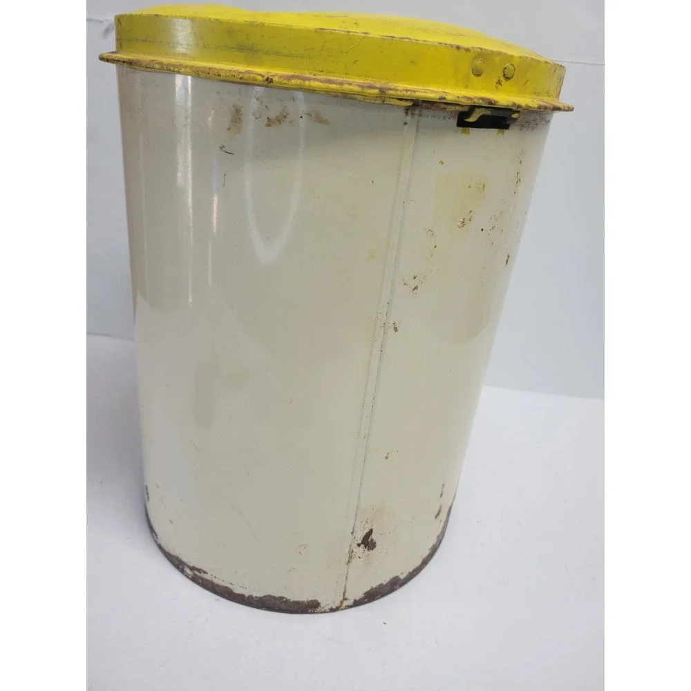 Vtg Pinecone Metal Kitchen Set Bread‎ Box and Step Trash Can Yellow Cream MCM
